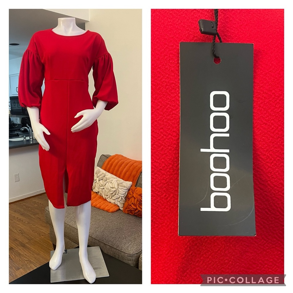 ❣️🆕 Boohoo Plus Chelsea Puff Sleeve Red Midi Dress❣️